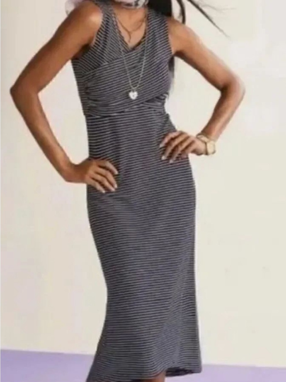 CAbi Black & White Striped Sleeveless Maxi Dress